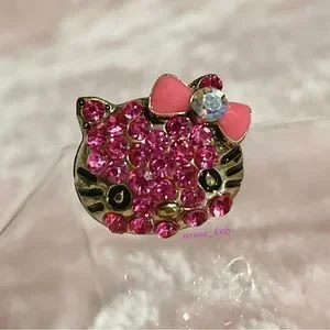 Hello Kitty Bronze Gold Pink Crystal Adjustable Ring NWOT